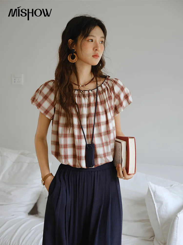 MISHOW Two Piece Set for Women Retro Red Grid Puff Sleeve Top+Casual Elastic Waist Wide Leg Pants Set 2025 Summer New MXE37T0649