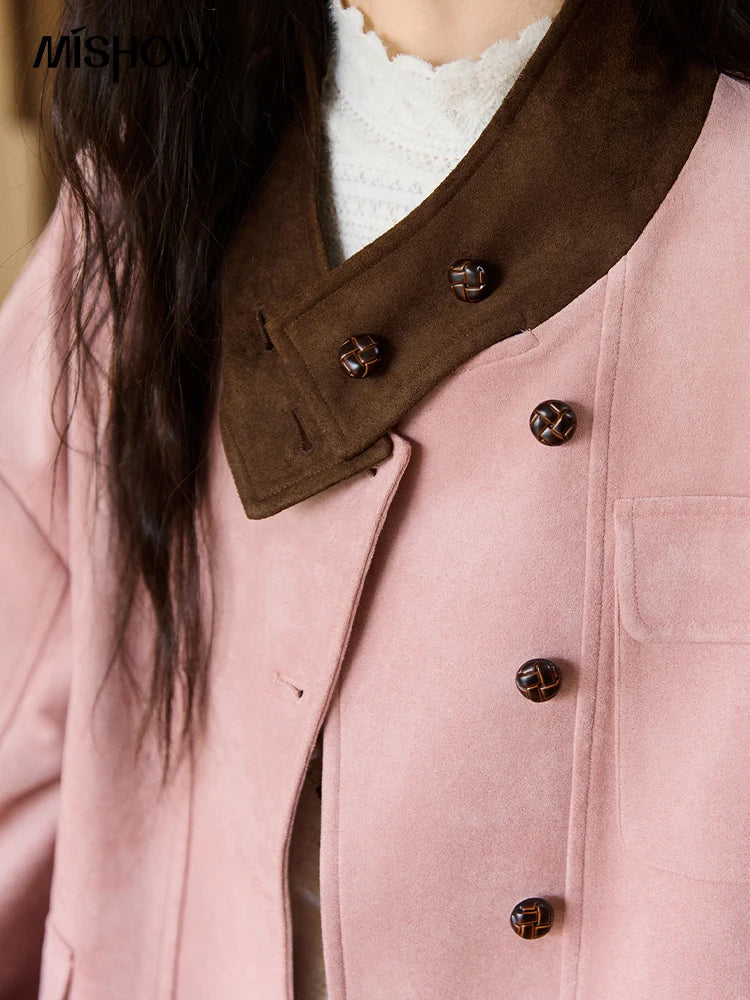 MISHOW Woman Jacket 2025 Autumn French Style Pink Coffee Suede Jacket Contrast Color Stand Collar Loose Short Coat MXE48W0851