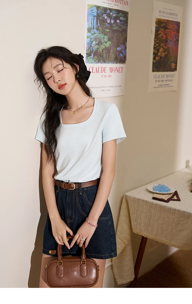 MISHOW Multi Color Square Neck Tees Short Sleeve Solid Color T-shirt for Women 2024 Spring/summer Basic Versatile Top MXC12T0641