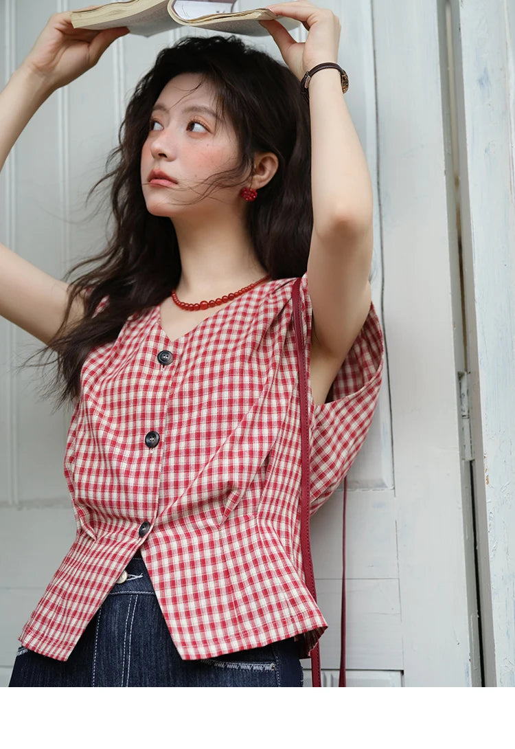 MISHOW Women's Fashion V-neck Shirt 2025 Summer New Plaid Ladies Red Button Shirt Casual Retro Top Female Clothing MXE37X1921