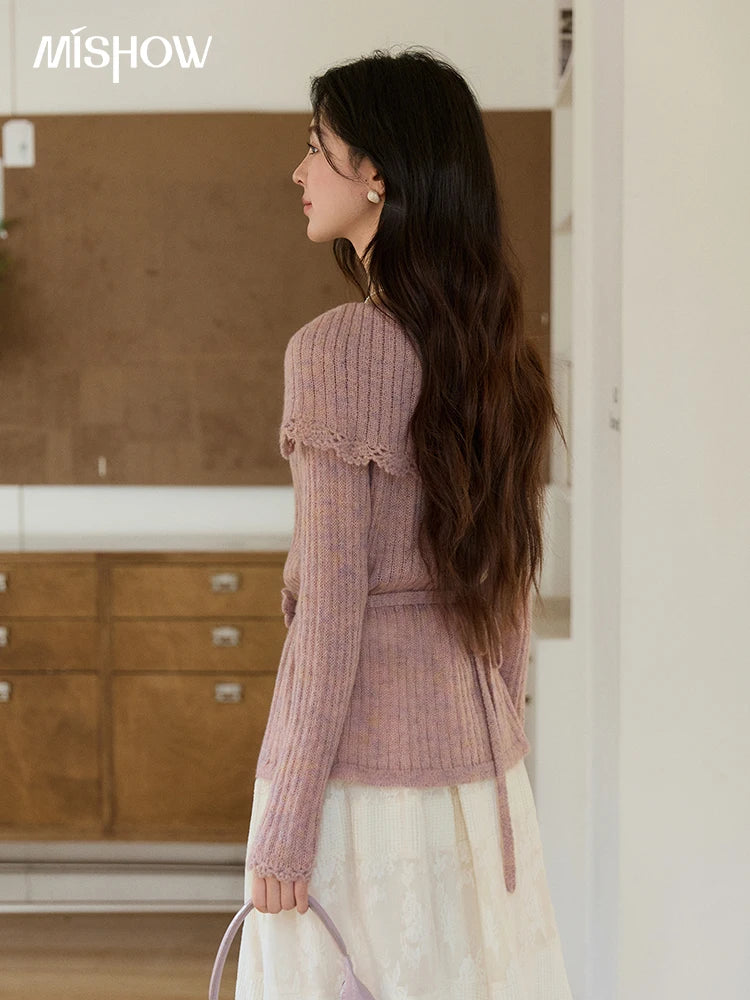 MISHOW Women's Pink Ribbed Knitted Sweater 2026 Spring Large Collar Lace Trim Belted Waist Long Sleeve Pullover Tops MXF11Z2901