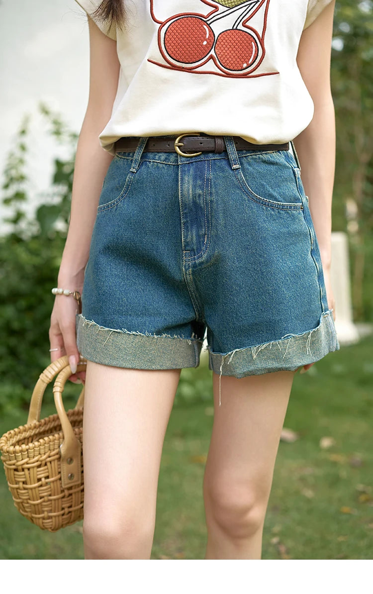 MISHOW Denim Shorts Cotton Elastic for Women 2024 Summer Korean High Waist Curled Edge Pants Casual Slim Short Pants MXD30K0659