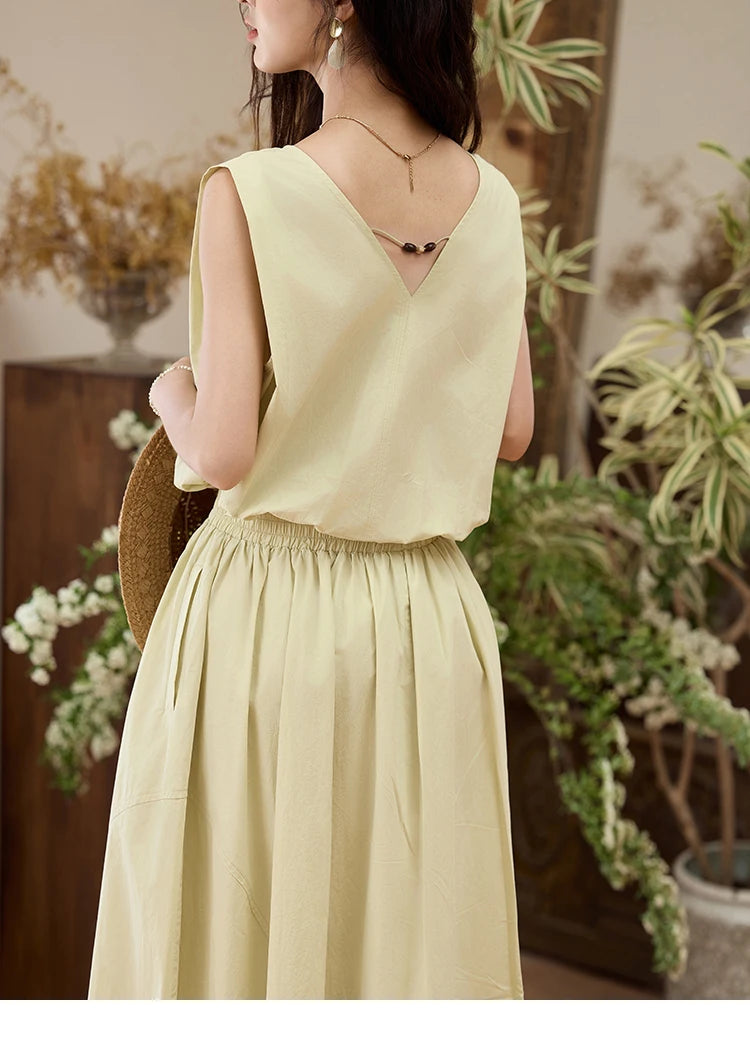 MISHOW Office Lady Solid Blouses Skirts Sets Women Summer 2025 V-neck Sleeveless Vest Elastic Waist Loose Skirts Sets MXE34T0604