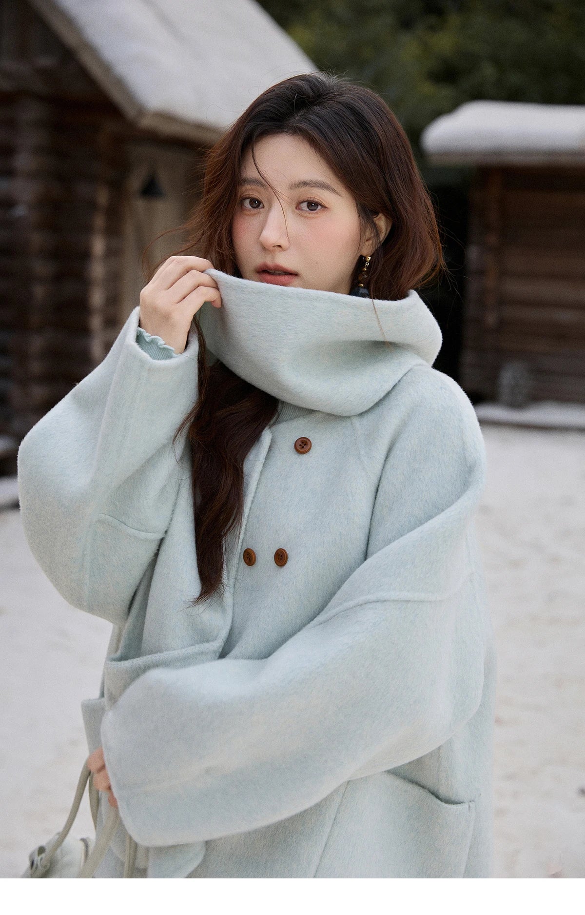 MISHOW 100% Wool Mint Green Double-sided Woolen Coats for Women Winter 2025 Warm Loose Coat with 2-in-1 Scarf Gloves MXE92W1014