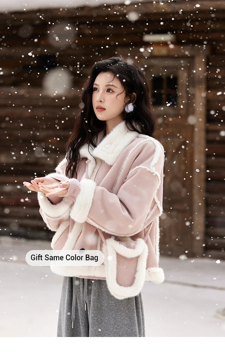 MISHOW Leather Fur Coat Fur Collar with Bag Women Winter Clothes Suede Plush Jacket Pocket Soft Thickened Warm Tops MXD57W0737