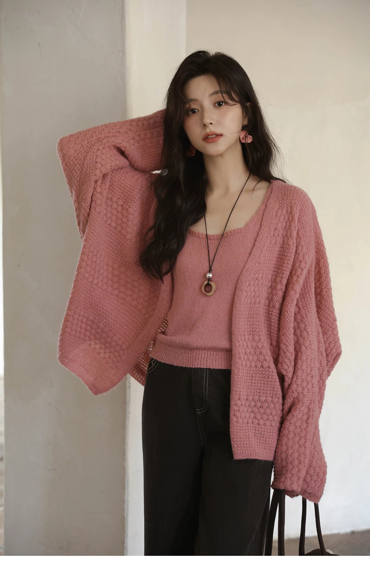 MISHOW Women's Pink Knit Two-Piece Set 2025 Autumn Sweet Long Sleeves Cardigan with Vest Casual Women's Clothes Set MXE44T0737