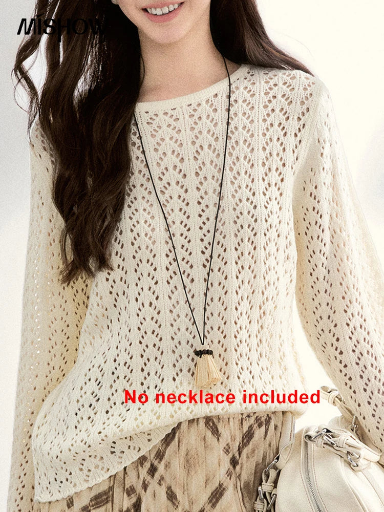 MISHOW Women's Hollow Out Knit Tops 2026 Spring Crew Neck Long Sleeve Tops Loose Casual Soft Breathable Beige Sweater MXF13Z3017