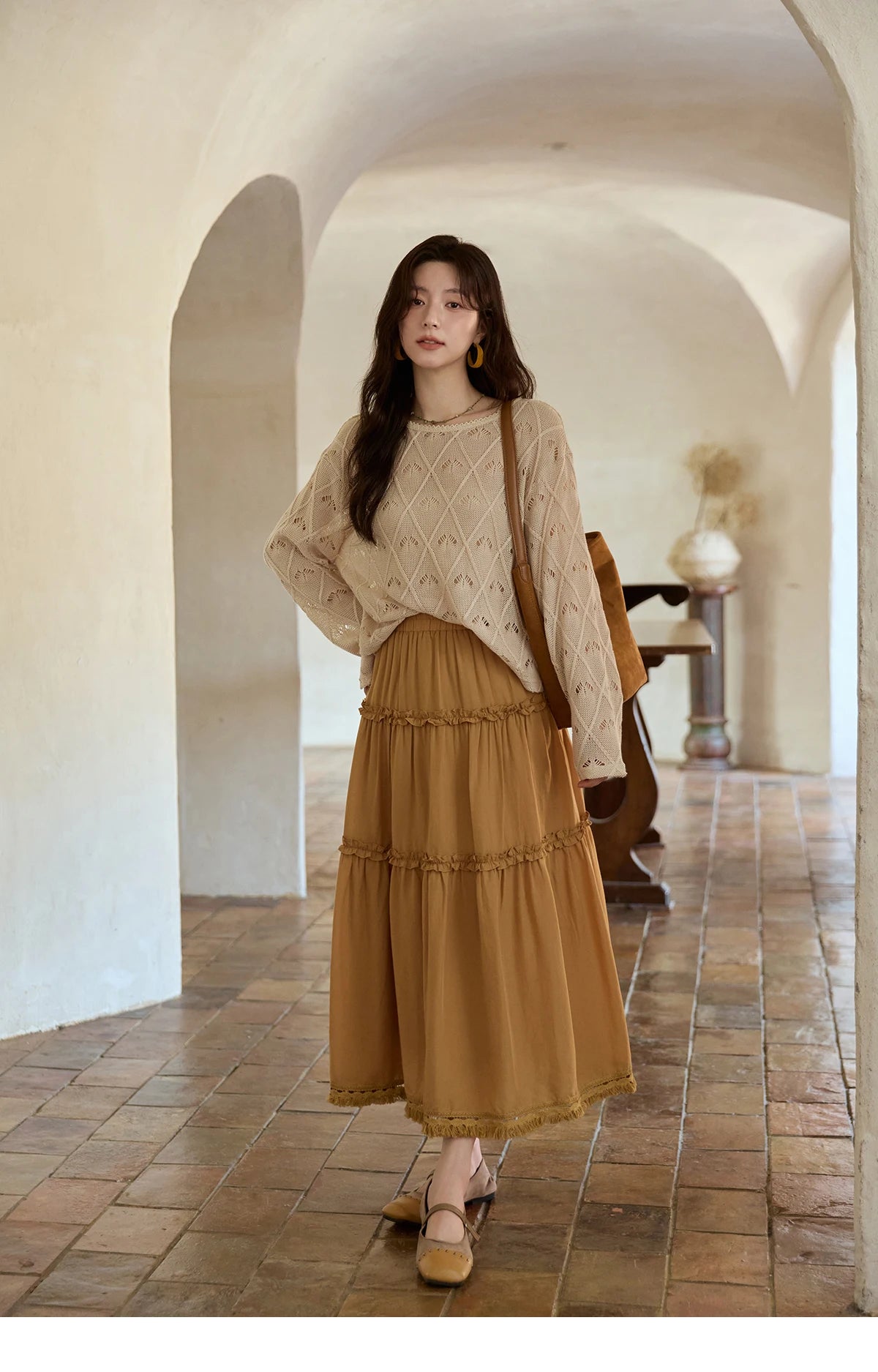 MISHOW Women's Diamond Patterned Knitted Top 2025 Autumn Bohemian Hollowed Out Thin Top Scoop Neck Knitted Sweaters MXE42Z1332