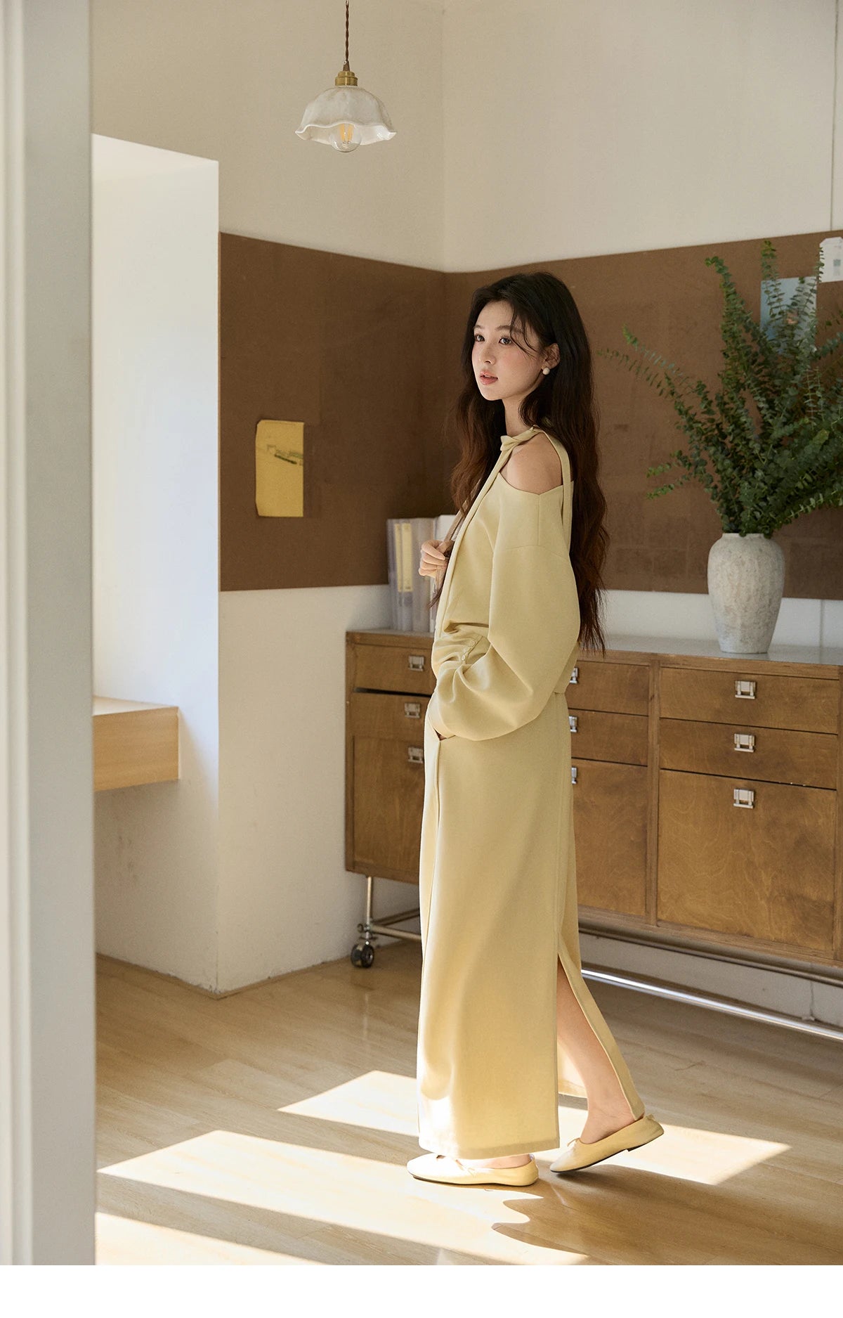 MISHOW Women's Light Yellow Two-Piece Set Asymmetrical Off-shoulder Pullover Top Rear Fork Midi Skirt Set with Ribbon MXE11T1489