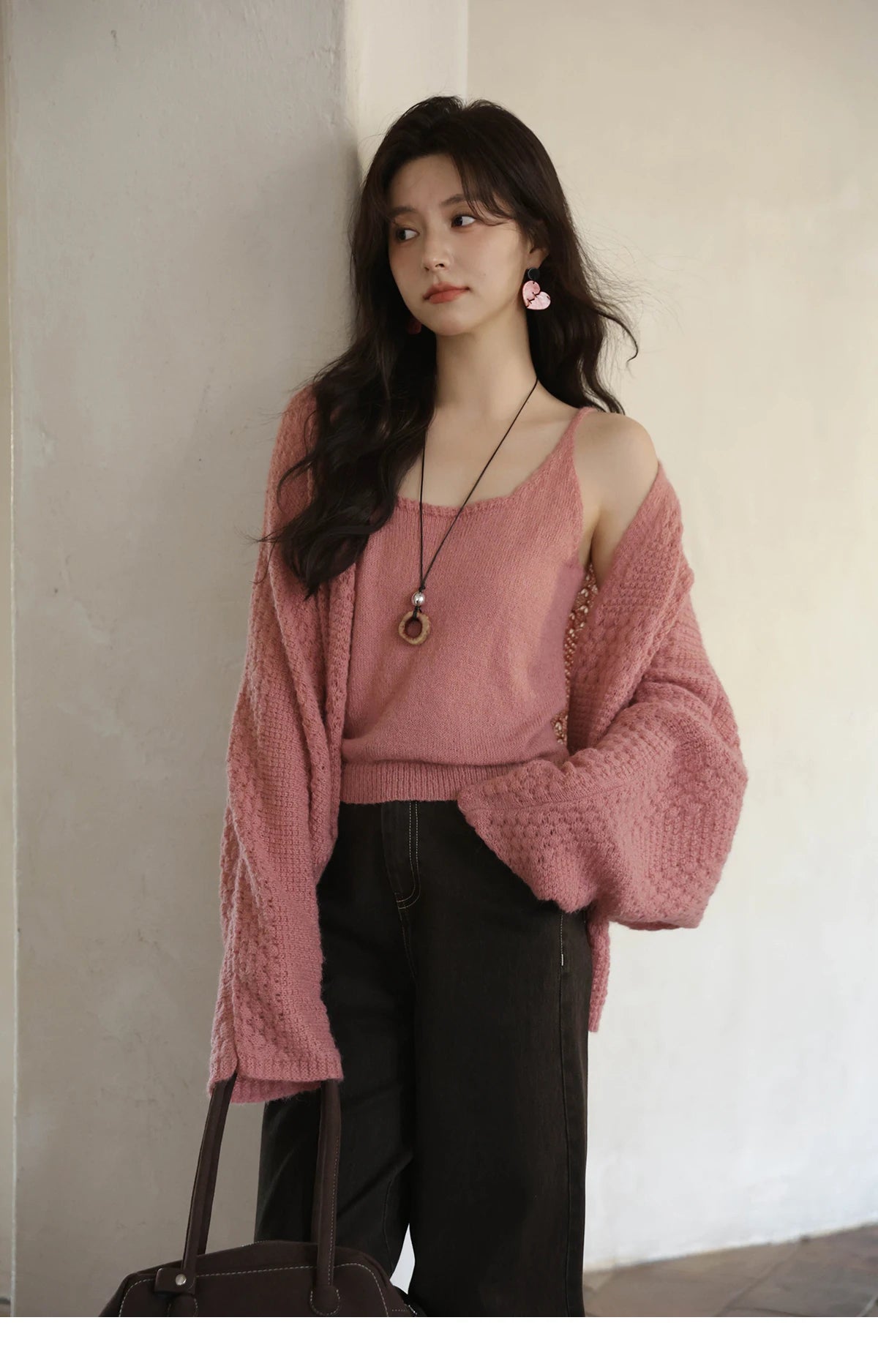 MISHOW Women's Pink Knit Two-Piece Set 2025 Autumn Sweet Long Sleeves Cardigan with Vest Casual Women's Clothes Set MXE44T0737