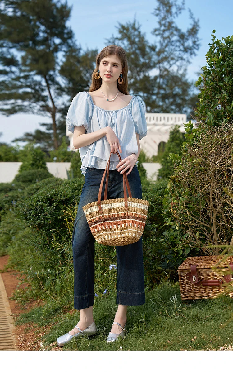 MISHOW French Square Neck Tied Lantern Sleeve Blouses 2025 Summer Double Layered Hem Puff Sleeve Solid Sweet Tops MXD26X1551