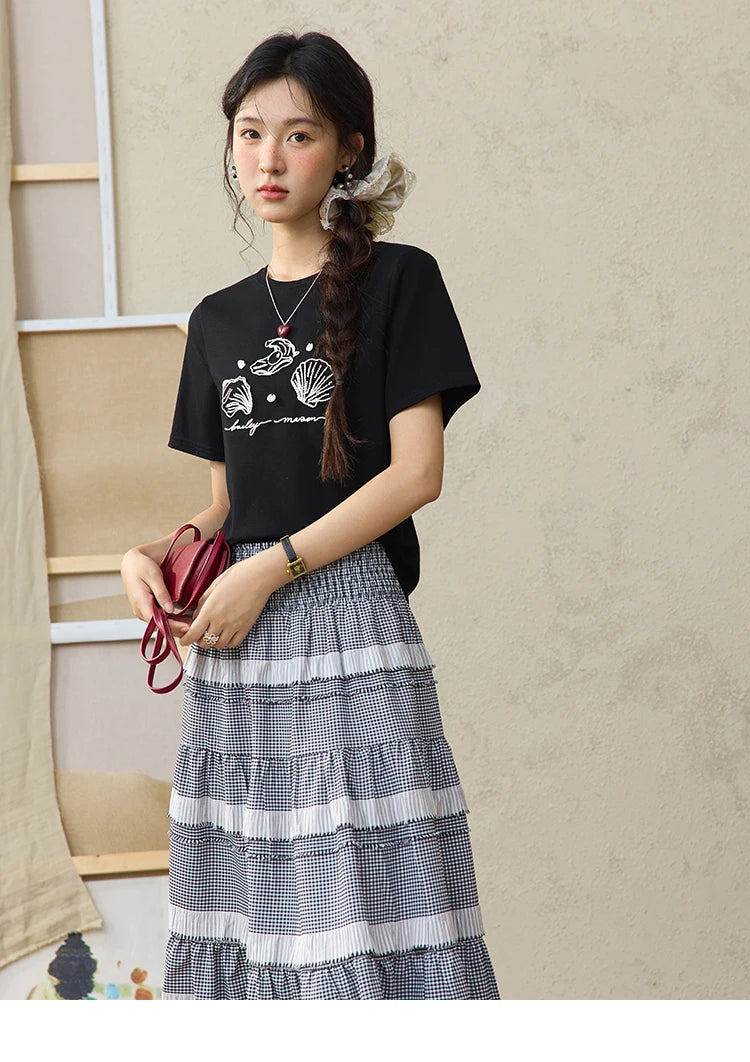 MISHOW Women's Shell Embroidered T-shirt 2025 Summer Short Sleeve Cotton Blend Tops Loose Slim Round Neck Casual Tees MXE34T0570