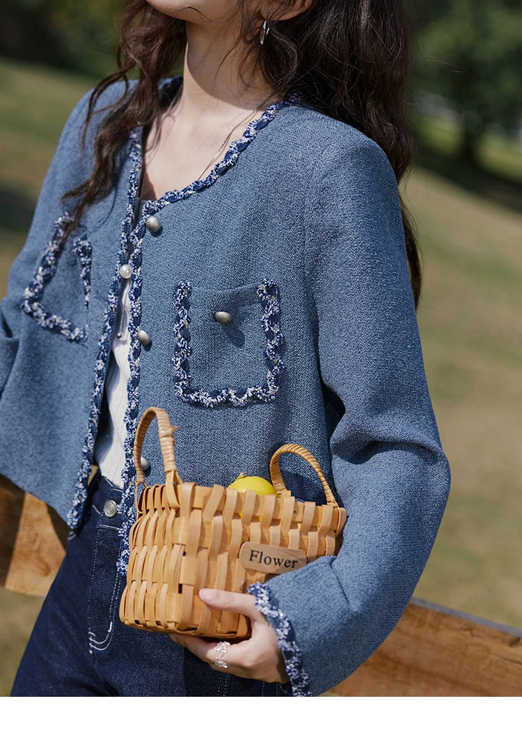 MISHOW Retro Fragrant Style Jacket for Women Spring 2025 Shoulder Pads Coarse Tweed Splicing Ribbon Blue Suit Coats MXE13W0705