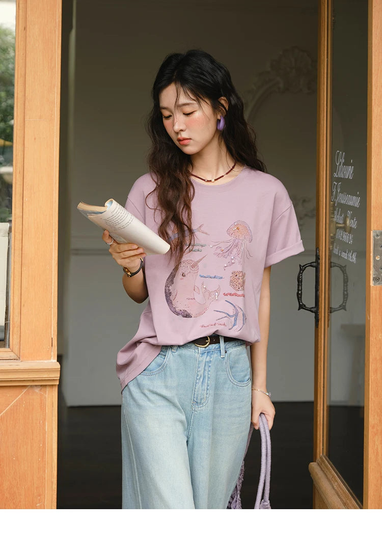 MISHOW Fashion Print T-shirts for women 2025 Summer New O-Neck Loose Casual Short Sleeve Cotton Top Female Clothing MXE36T0575