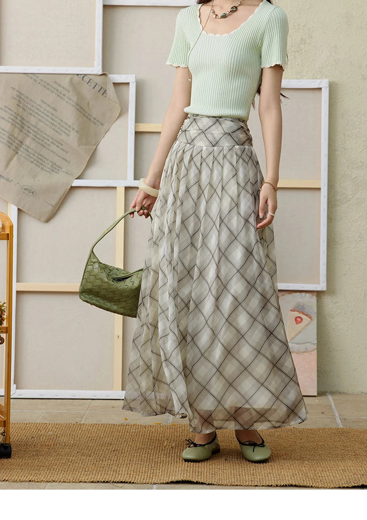 MISHOW Apricot Green Retro Plaid Skirt for Women Summer 2025 Pleated Chiffon High Waist Elegant Slim A-line Skirts MXE35B0747