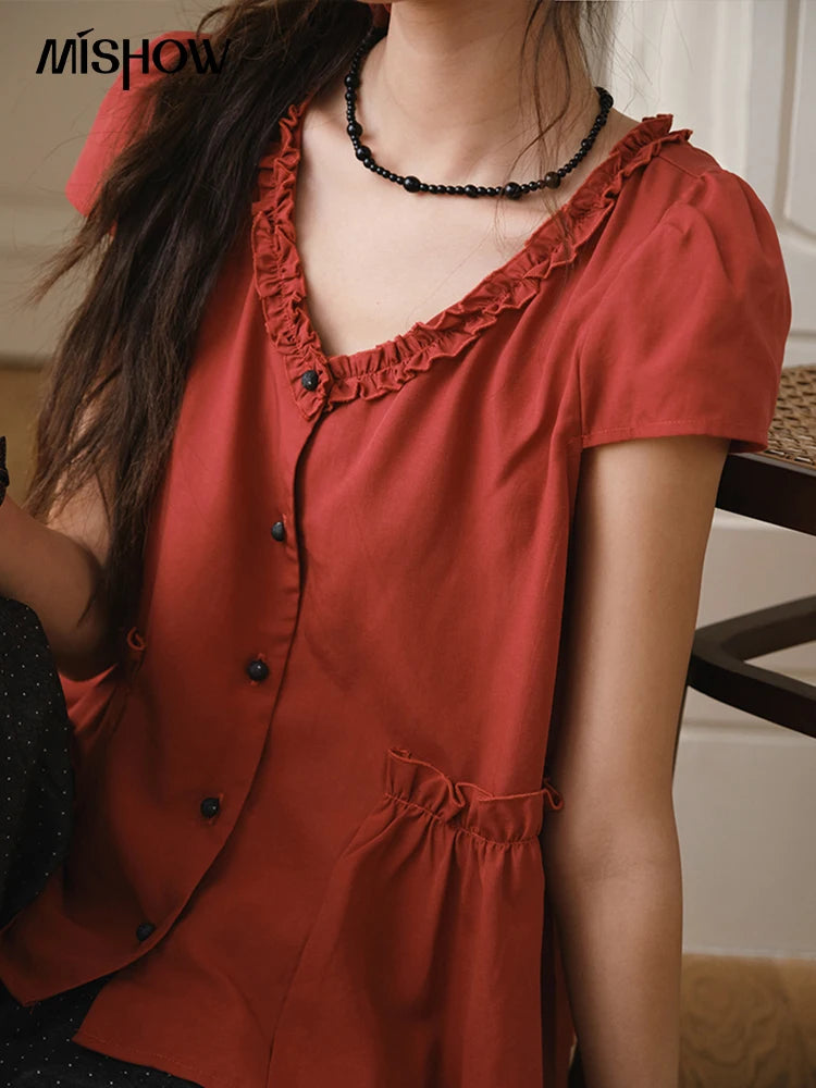 MISHOW Women's Summer Clothes 2025 Fashion Mushroom Edge V-neck Blouse Office Lady Casual Short Sleeve Button Top MXE38X1867