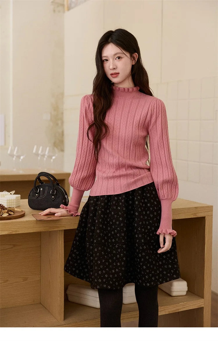 MISHOW Women's Half Turtleneck Ruffle Trim Lantern Sleeve Bottoming Tops 2025 Winter Vertical Rib Slim Knitted Top MXE93Z2810