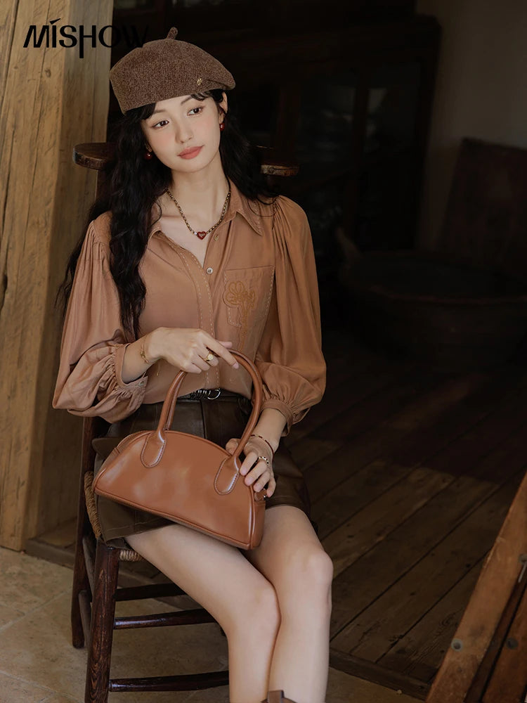 MISHOW Hong Kong Retro Solid Long Sleeve Shirt 2024 Autumn Temperament Loose Tops Lantern Sleeve Embroidery Shirts MXD41C0287