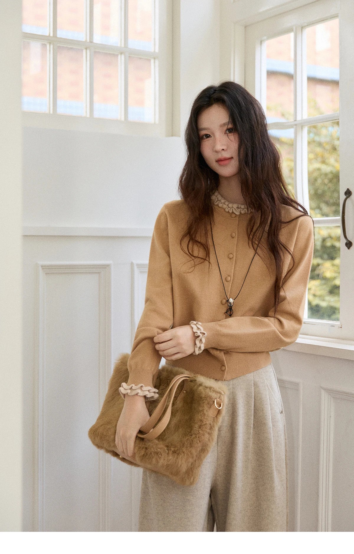 MISHOW Women Knit Cardigan Long Sleeve 2025 Winter Retro Ruffle O-neck Knitted Sweater Loose Casual Commute Khaki Top MXE91Z2749