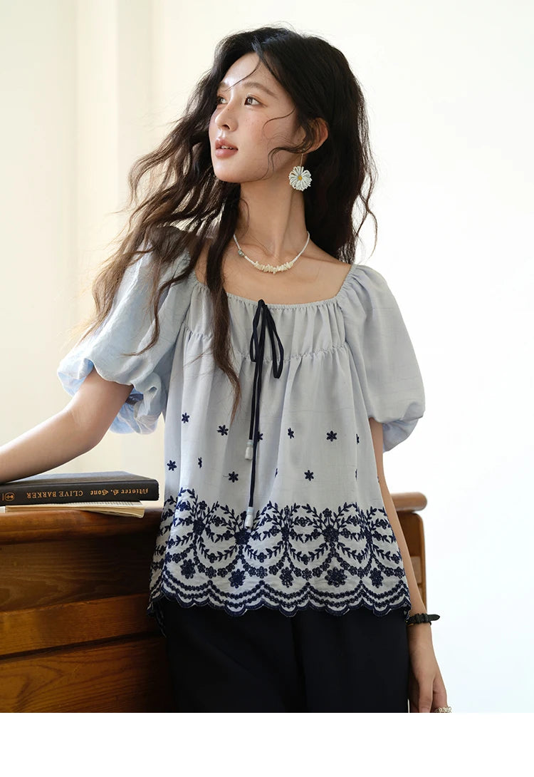 MISHOW Women's Summer Loose Print Blouse 2025 New Fashion Square Neck Lace Up Puff Sleeve Blue Blouse Female Clothing MXE36X1799