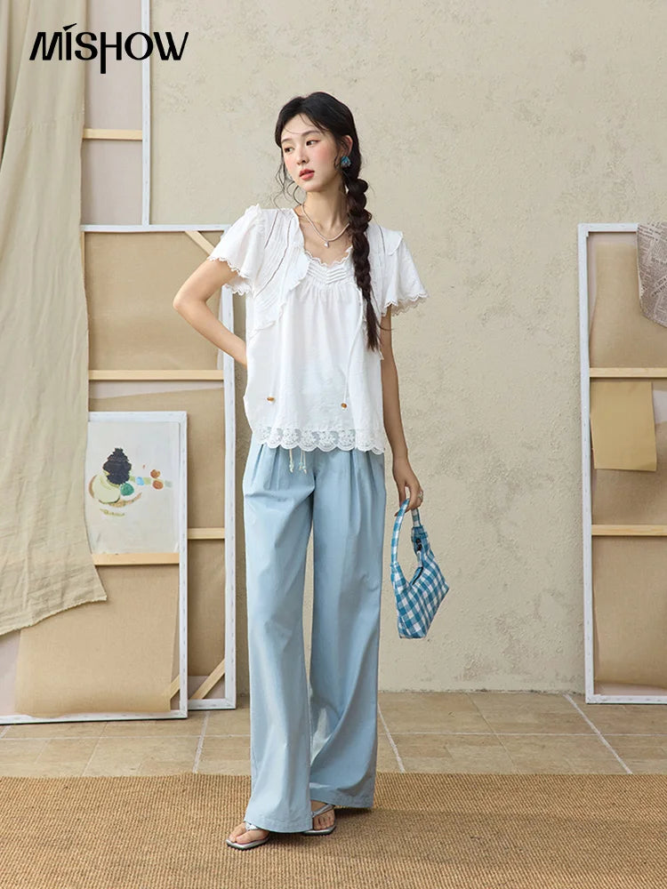 MISHOW White Lace Up Blouse Women's 2025 Summer New Fashion Butterfly Sleeve Hollow Lace Splicing Top Female Clothing MXE34X1784