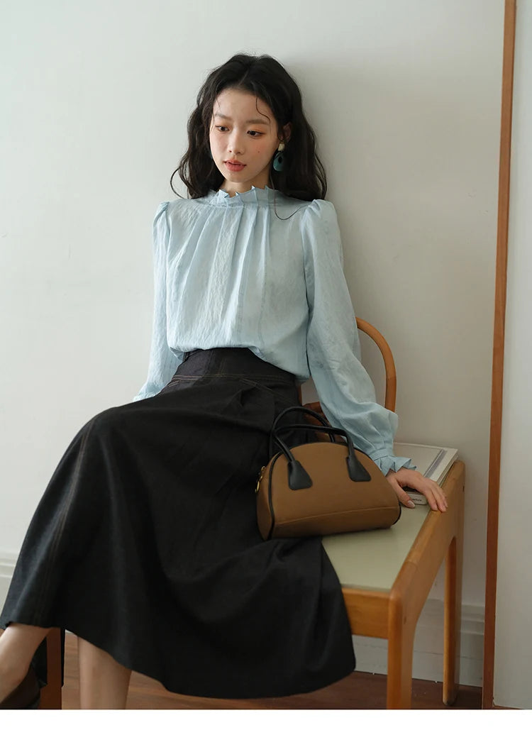 MISHOW Blue Jacquard Texture Blouses 2025 Autumn Black Fungus Edged Stand Collar Blouse Bubble Sleeves Commuting Top MXE41X1934