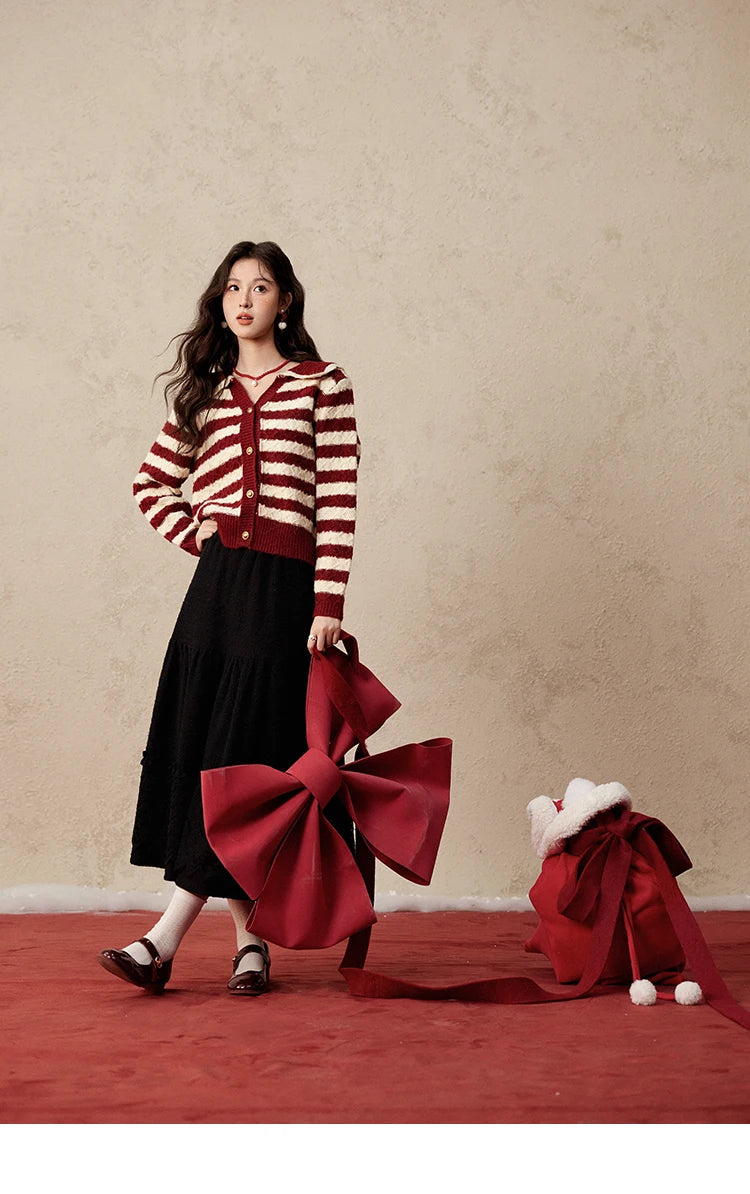 MISHOW Christmas Red Striped Turn Down Collar Cropped Cardigan Thickened Warm Wool Blend Sweater Soft Knitted Tops MXD58Z1038