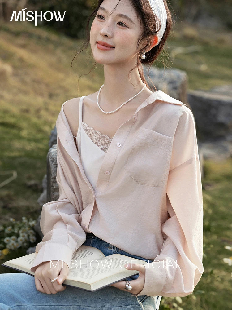 MISHOW Casual Spring Shirt Women New 2025 Long Sleeve Turn-down Collar Fake Two-piece Blouses Lady Fashion Loose Tops MXE16C0777