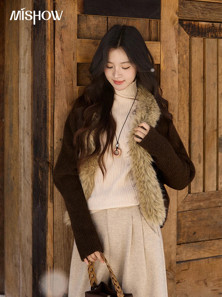 MISHOW Women's Brown Knitted Cardigan 2025 Winter Faux Fur Collar Batwing Sleeve Tops Warm Loose Outerwear Beltless MXE94Z2954