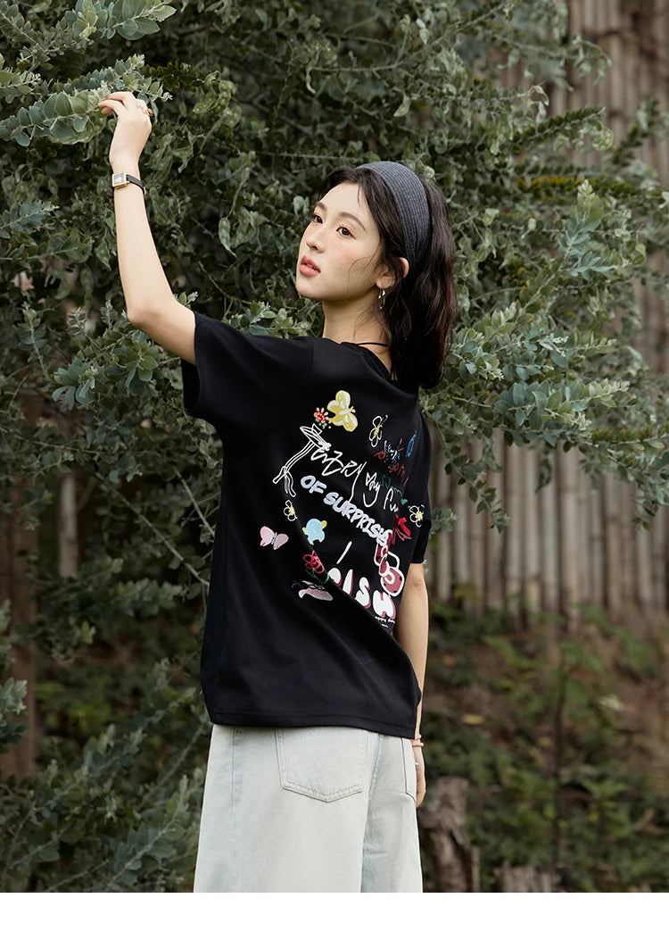 MISHOW Casual Graffiti T-shirt Women Summer 2025 Short Sleeve Round Neck Loose Shirts Female New Fashion Tops Lady MXE15T0475