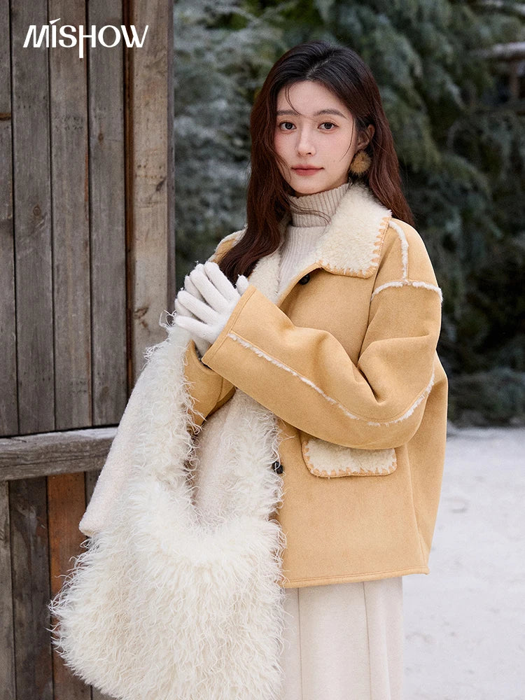 MISHOW Yellow Thickened Fur Integrated Suede Jacket for Women Winter 2025 Lapel Loose Warm Imitation Lamb Fur Jacket MXE92W1016