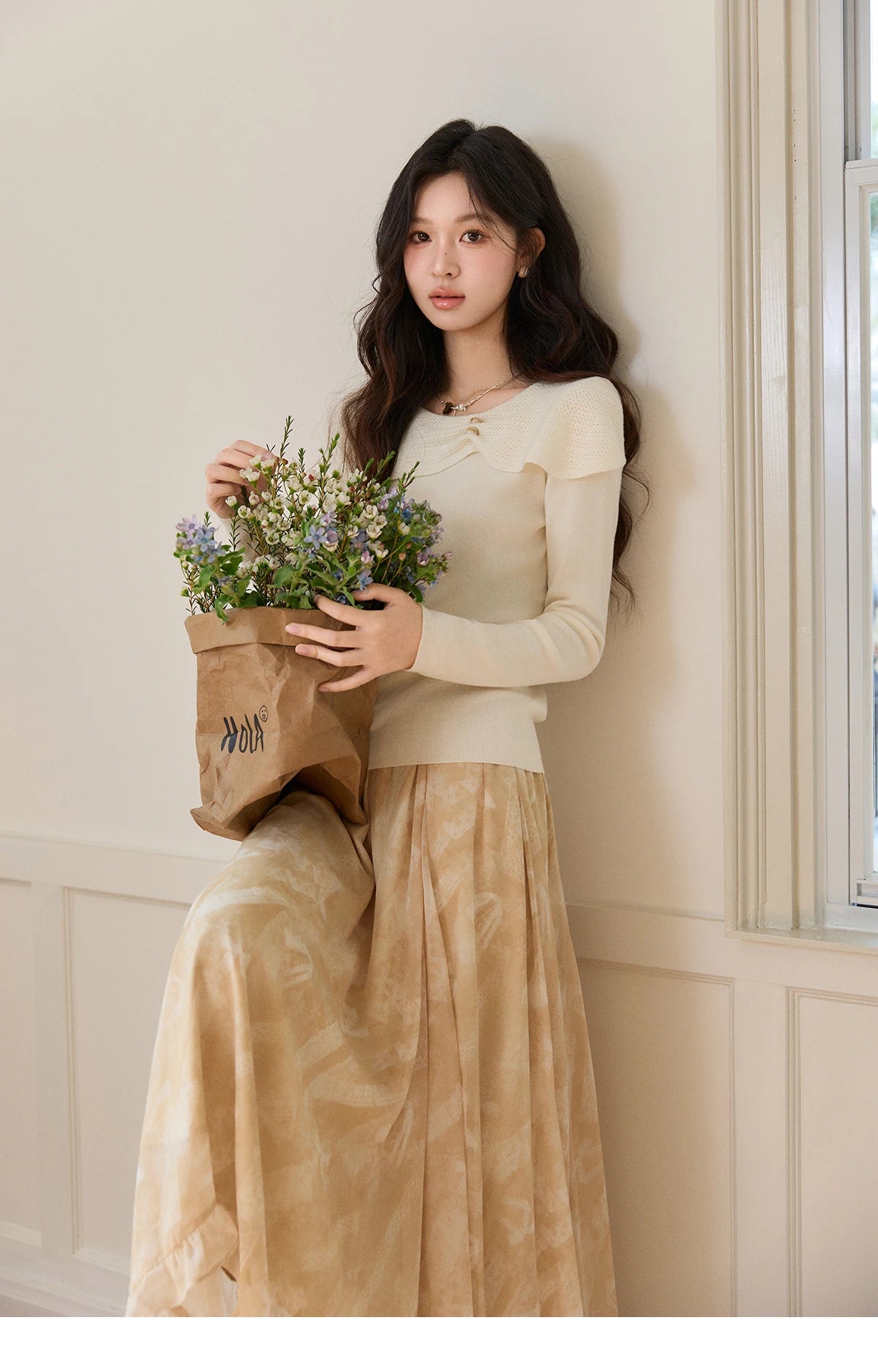 MISHOW Women's Beige Wool Blend Knit Sweater 2026 Spring Asymmetrical Collar Long Sleeve Top Slim Casual Thin Sweater MXF11Z2918