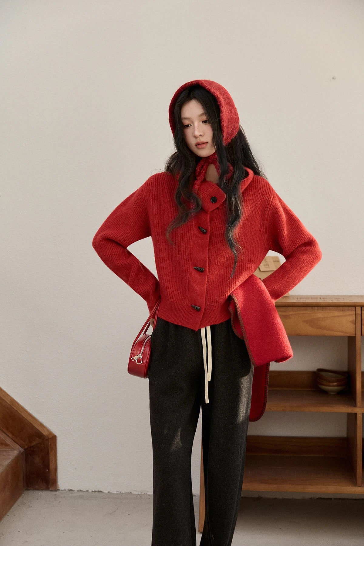 MISHOW Women's Retro Red Bull Horn Button Sweater 2025 Winter Arctic Velvet Warm Knitted Sweater Excluding Headscarf MXE90Z2819