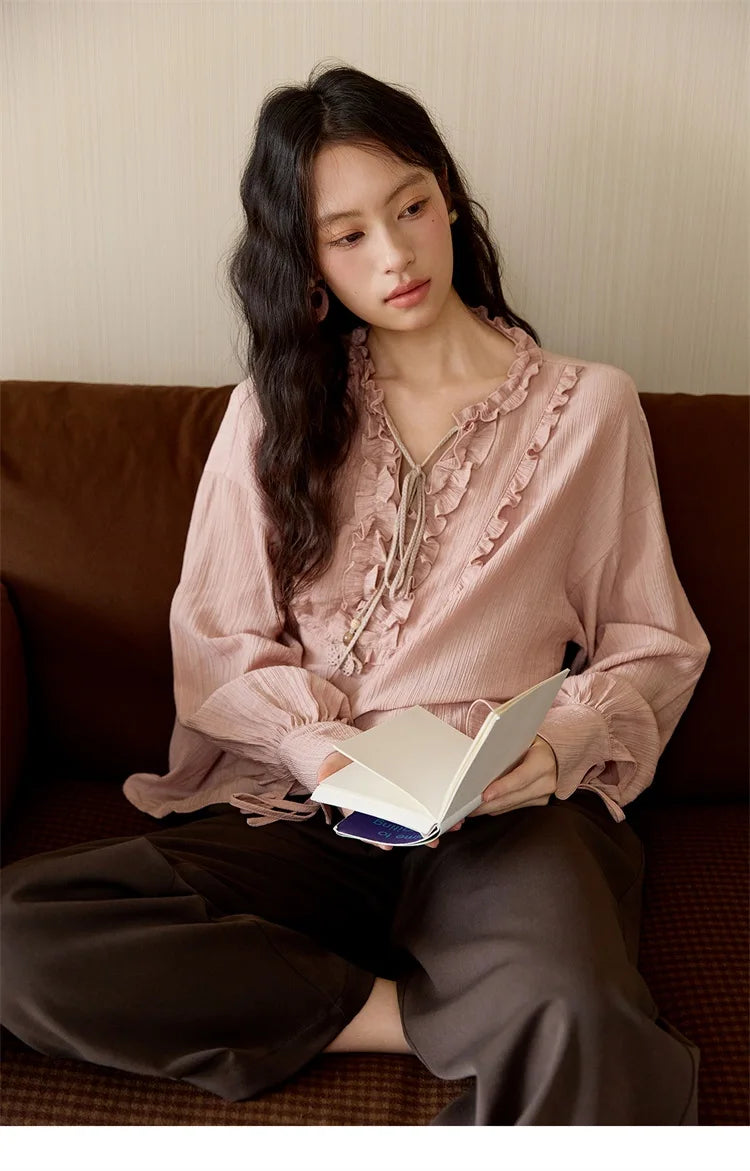 MISHOW Women's Pink Blouse 2025 Autumn Elegant Fold Edge V-collar Bubble Sleeve Top Loose Casual Commute Blouses MXE45X2485