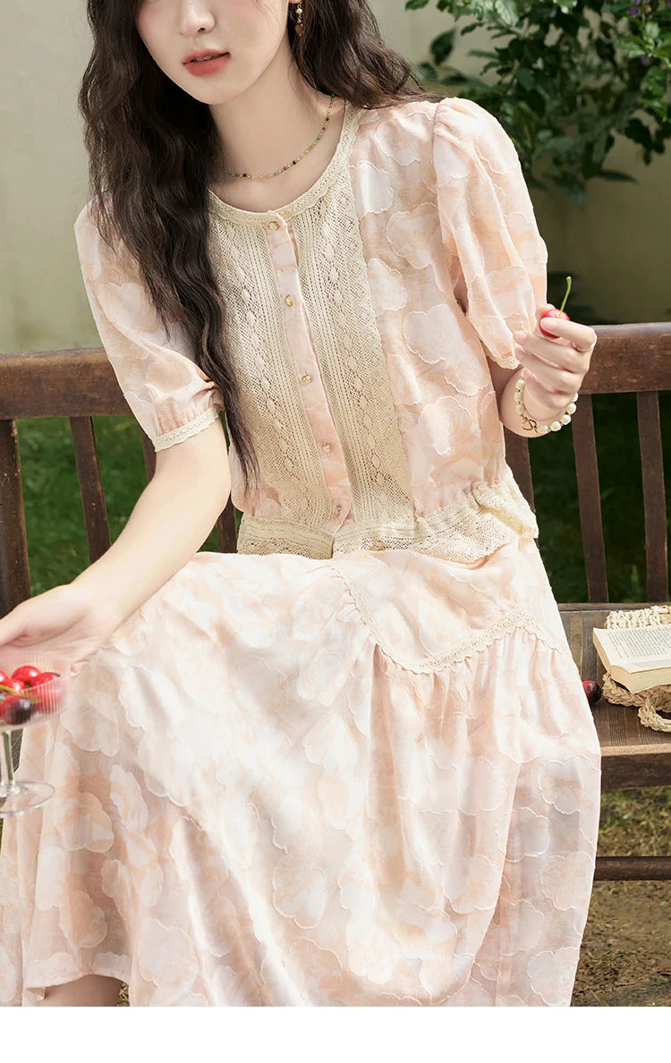 MISHOW French Embroidered Lace Bubble Sleeve Top & Elastic Waist Skirt Set MXD23X1428