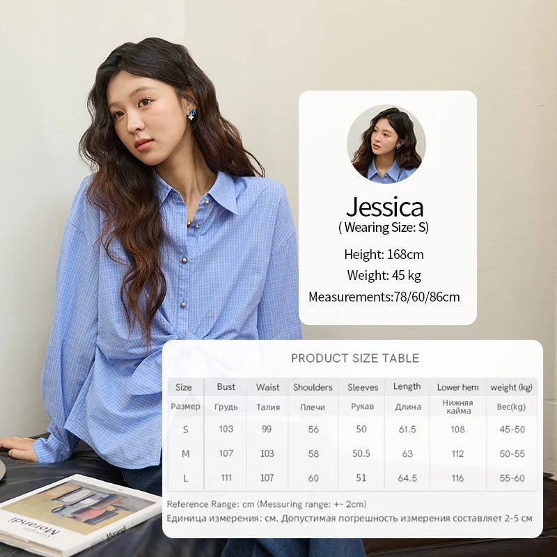 MISHOW Blue Plaid 100 Cotton Shirt Autumn 2025 Bow Tie Waist Matte Silver Butto Shirts Lapel Dropped Sleeved Tops MXE44C2395