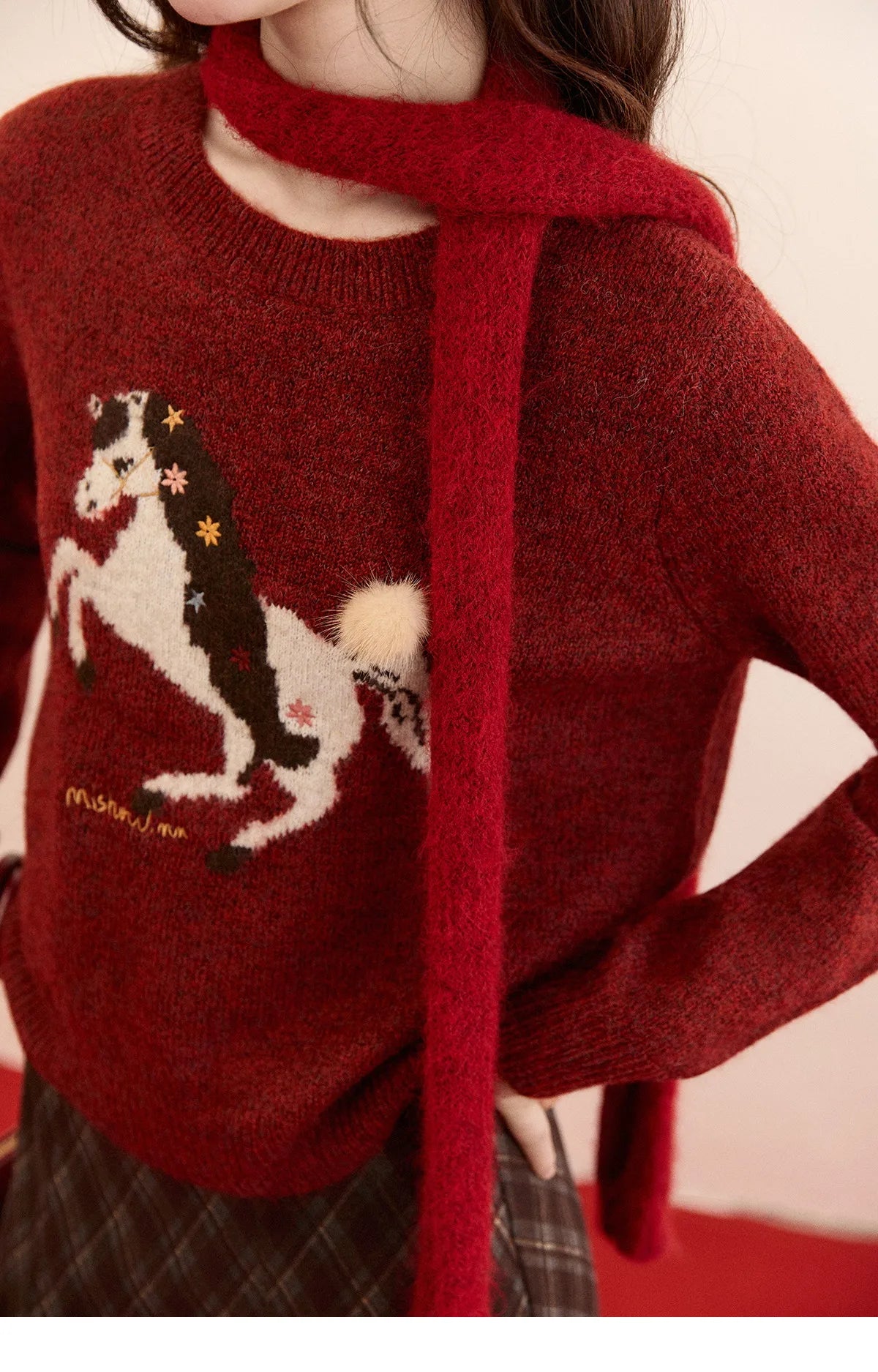 MISHOW Women's Christmas Red Jacquard Embroidered Pony Sweater 2025 Winter Thick Knitted Tops (Scarf Not Included) MXE94Z2861