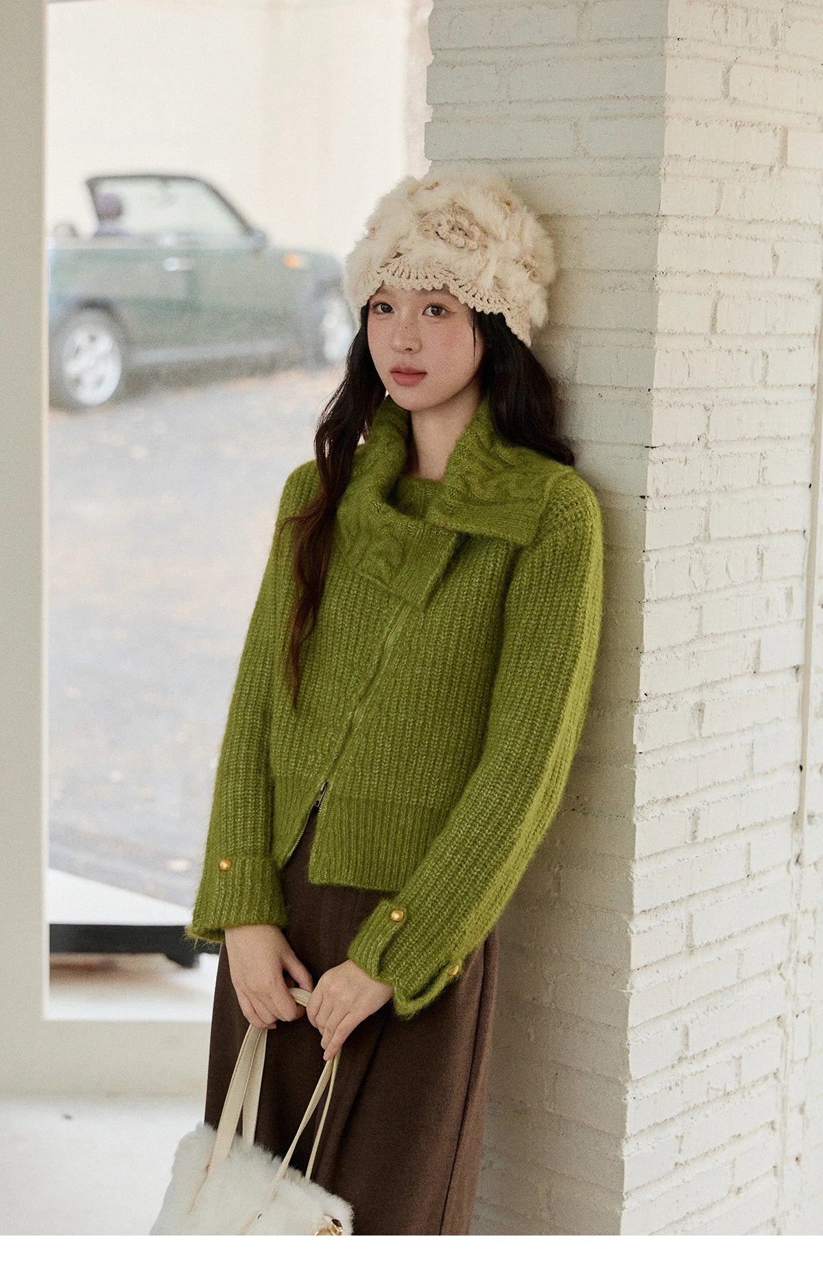 MISHOW Woman Green Sweater 2025 Winter Wool Blend Long-pile Large Lapel Knit Top Loose Design Commute Pullovers MXE90Z2760