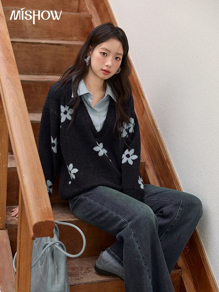 MISHOW Dark Blue Fake Two-piece Pullovers for Women 2025 Autumn Winter New Turn-down Collar Flower Pattern Sweater MXE51Z2554