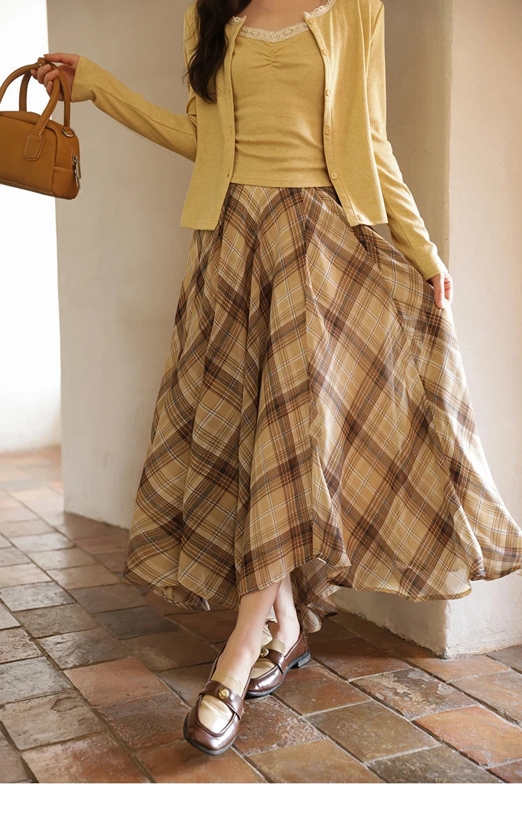 MISHOW Coffee Plaid Skirt 2025 Autumn Asymmetrical Hem Skirts Female Retro Side Zipper Commuting A-line Midi Skirt MXE42B2377