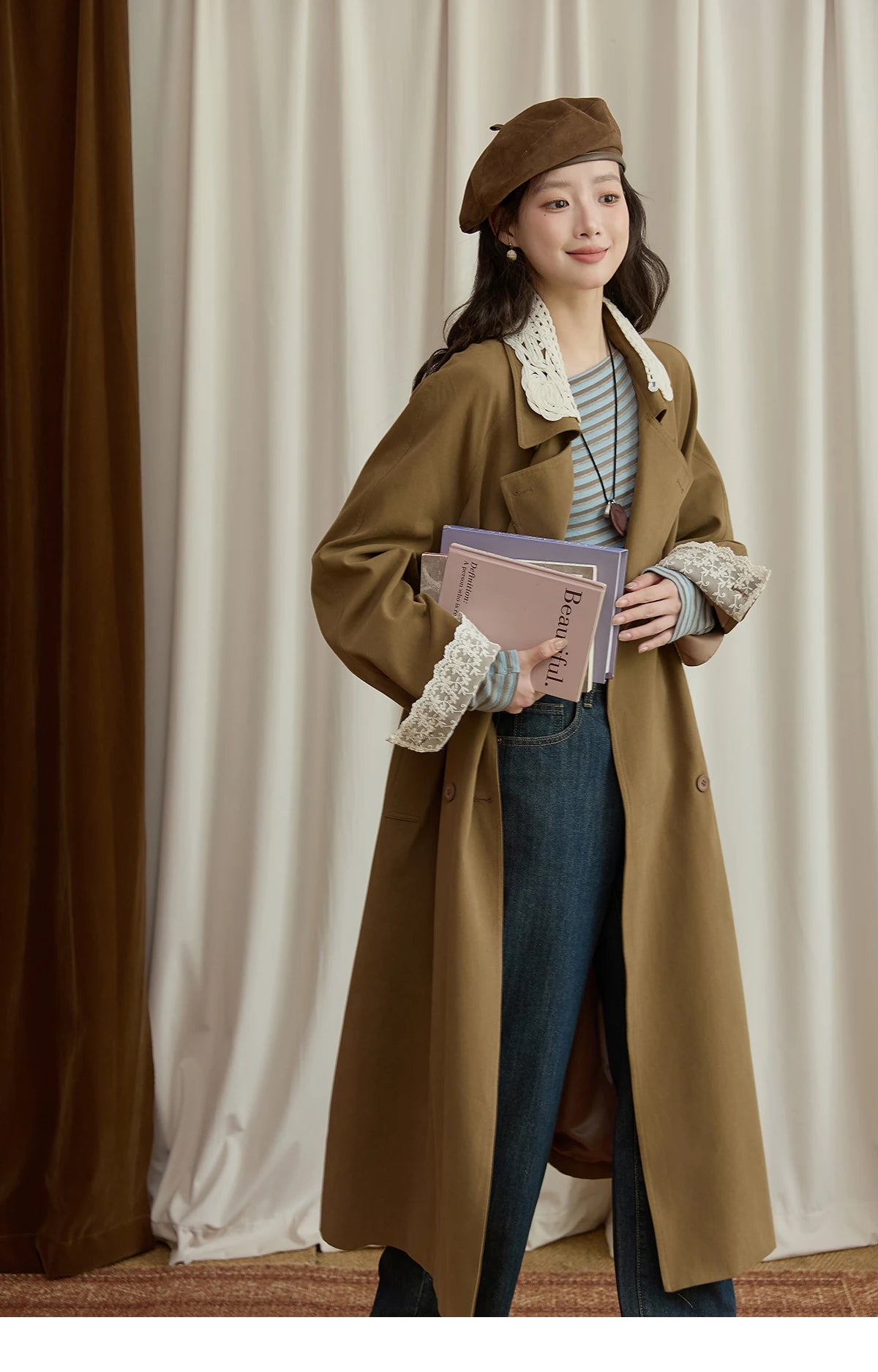 MISHOW Trench Coat Women 2025 Autumn Fashion Light Khaki Lace Long Windbreaker Jacket Long-sleeved Coat with Belt MXE45W0830