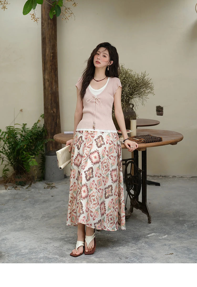 MISHOW Round Neck Patchwork Knitt Sweater for Women 2025 Summer Flying Sleeve Lace Up Versatile Top Female Clothing MXE37Z1278