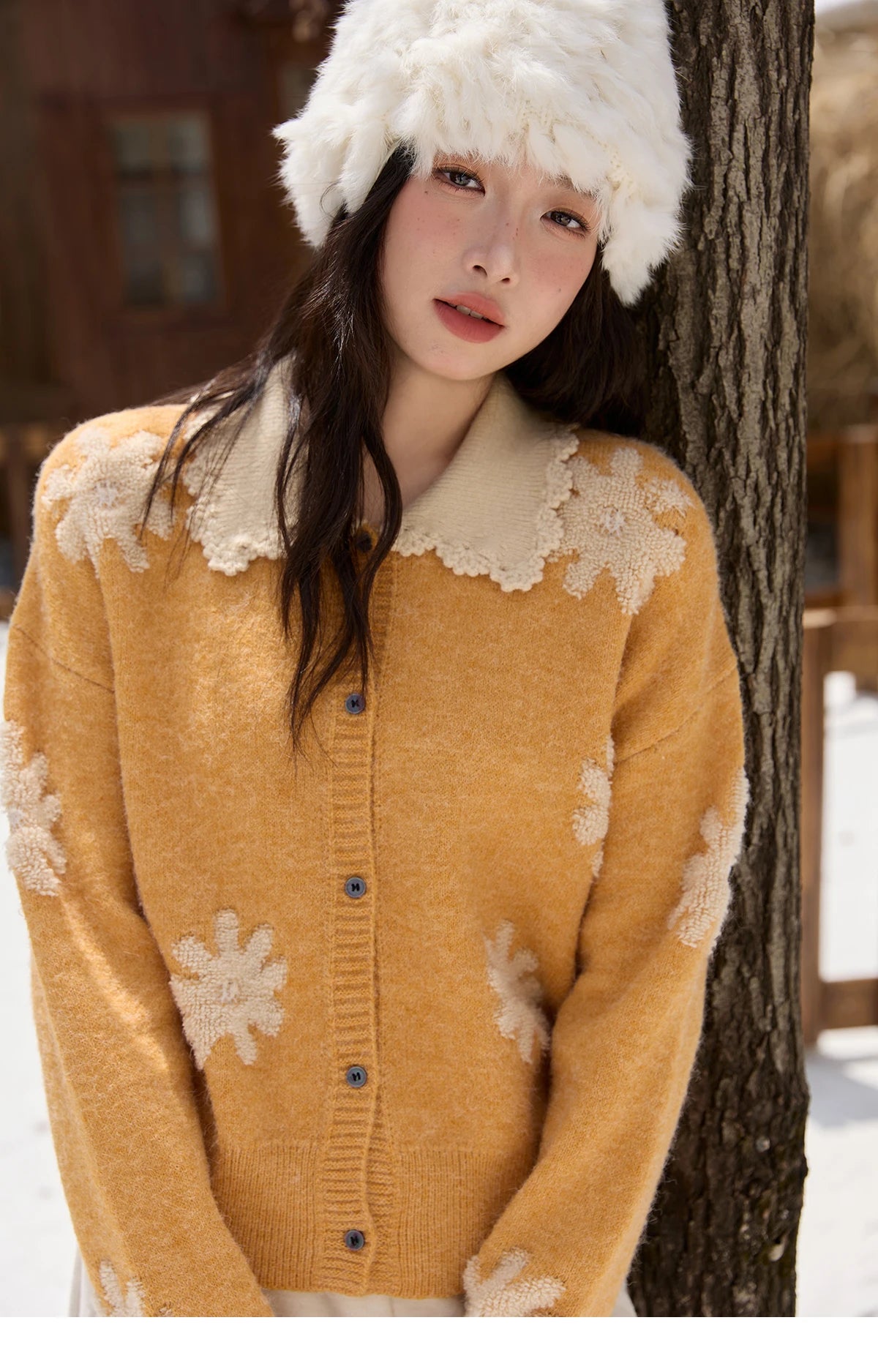 MISHOW Yellow Retro Jacquard Cardigan Women 2025 Autumn Winter Lazy Style Turn-down Collar Loose Sweater Office Lady MXE88Z2691