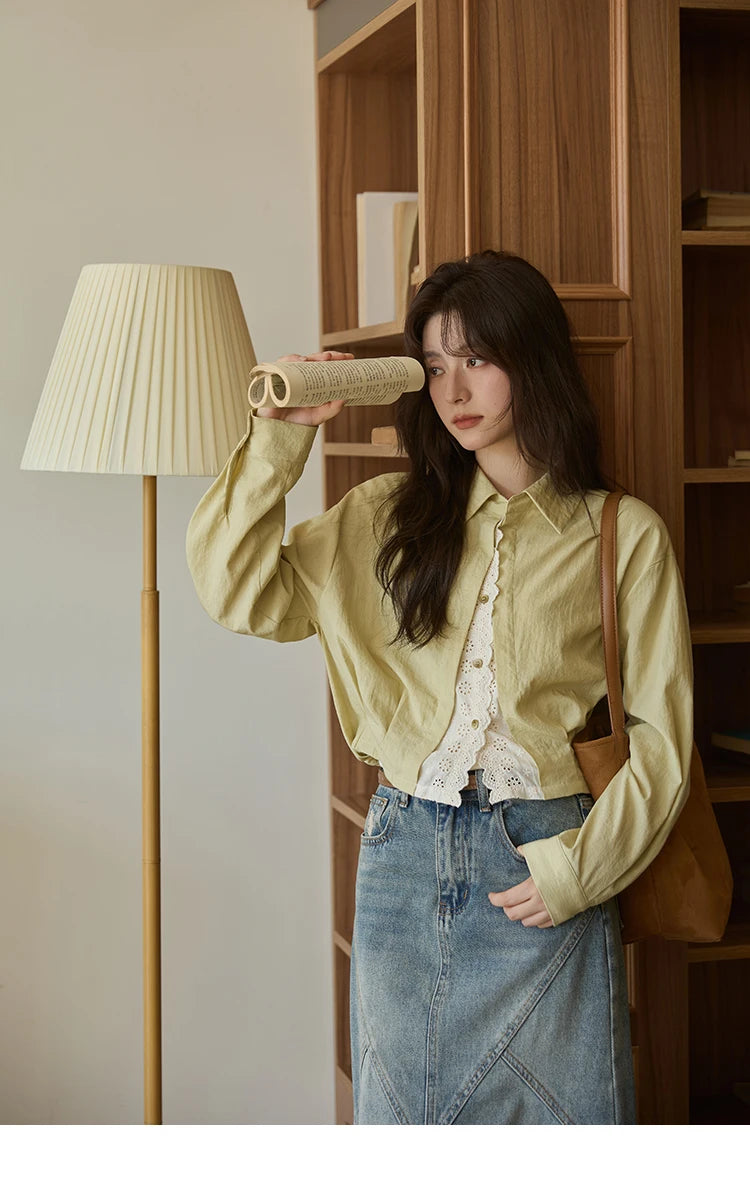 MISHOW Women's Top Green Fake Two Piece Shirt 2025 Autumn Lace Patchwork Lapel Shirts Rear Hem Elastic Short Shirt MXE41C2348