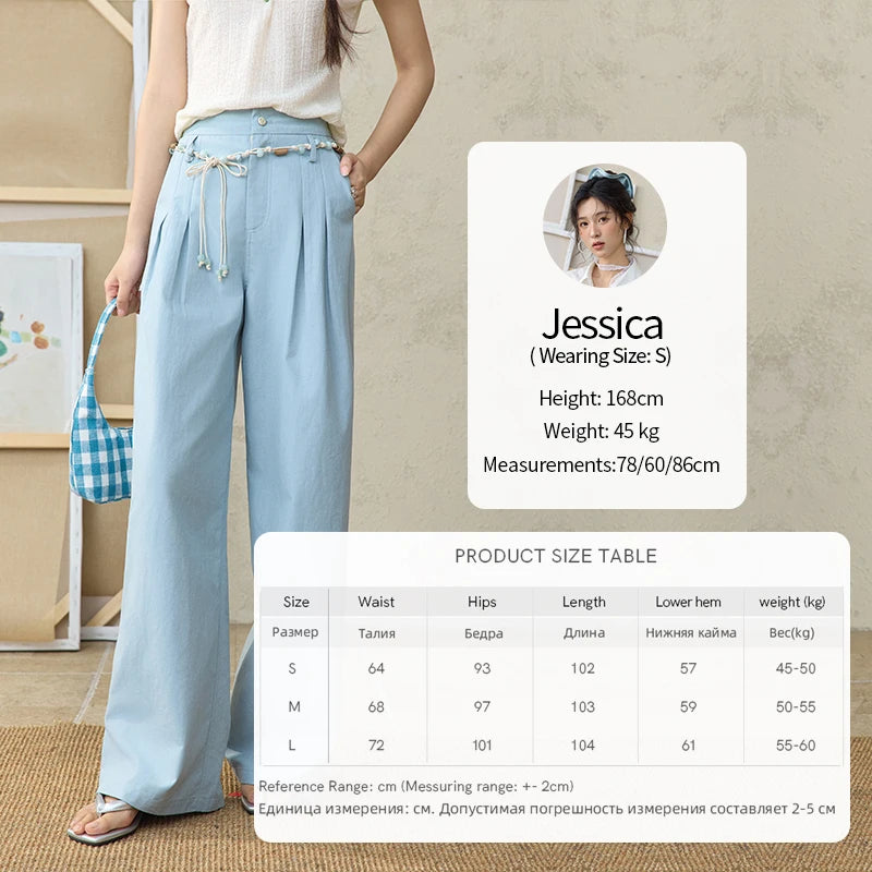 MISHOW Sea Salt Blue Wide Leg Pants 2025 Summer Contrasting Bead Belt Cotton Blend Trousers Slim Commuting Pants MXE35K0931