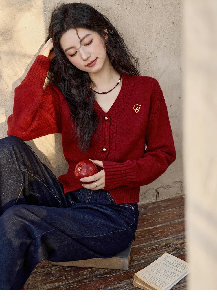 MISHOW Elegant V-neck Sweater Women's Long-sleeved Knitted Jacket 2025 Fall Winter New Korean Vintage Short Cardigan MXD48Z0848