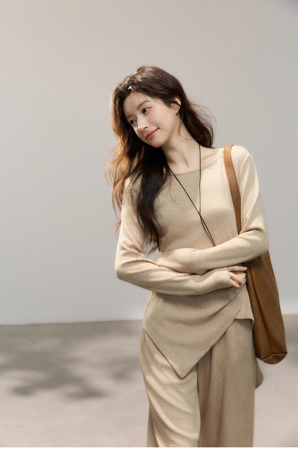 MISHOW Women's Khaki Knitted Two-Piece Set 2026 Spring Asymmetrical Hem Waist-Cinched Top Wide Leg Pants Casual Sets MXF11T1465