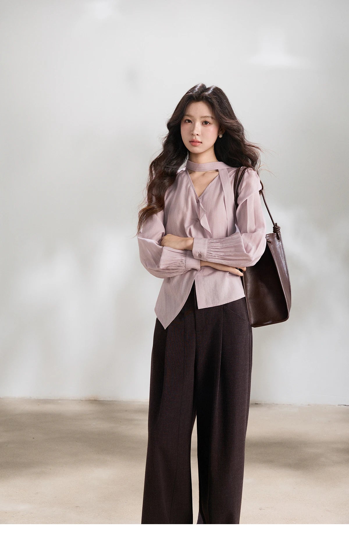 MISHOW Women's Purple Sweet Shirts 2026 Spring Ribbon V-Neck Ruffled Asymmetrical Shirt Back Lace-up Waist Casual Top MXF13X2527