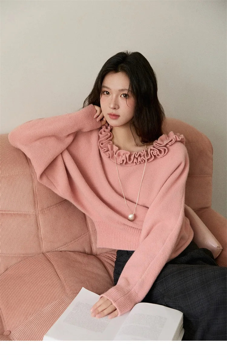 MISHOW Pullovers Women 2025 French Style Orange Lotus Edge Crew Neck Lantern Sleeves Top Slim Luxury Women's Sweaters MXE86Z2726