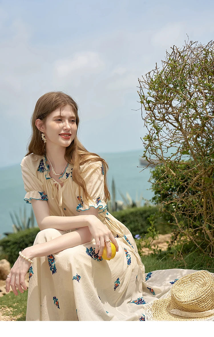 MISHOW French Romantic Dress 2024 Summer Women Embroidered Flower Fairycore Dresses Elastic Waist Drawstring Dress MXD24L1835